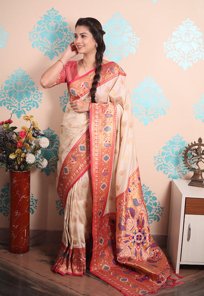 Cream Zari Woven Peacock Paithani Silk Saree Paithani Saree Anant Tex Exports Pvt.Ltd..