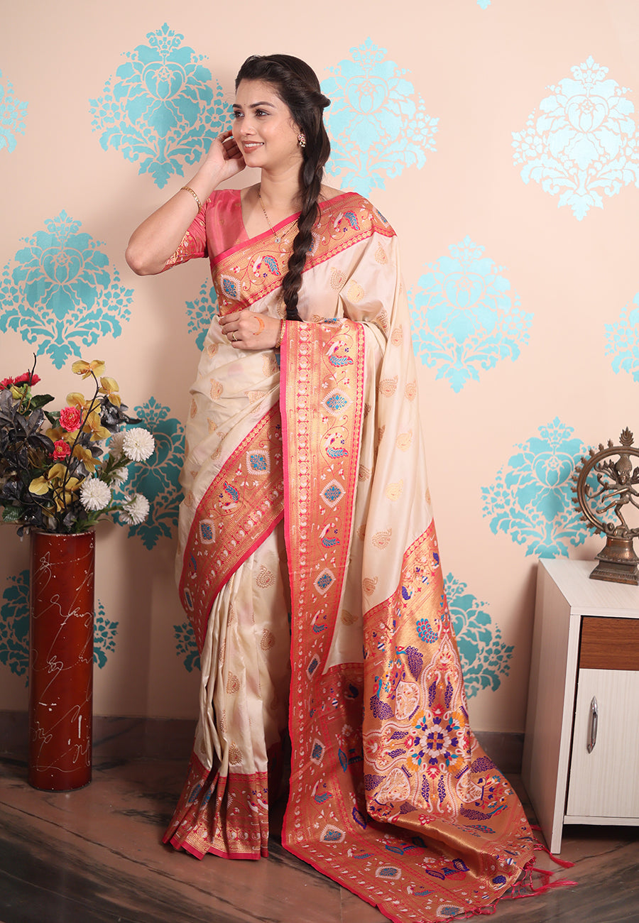 Cream Zari Woven Peacock Paithani Silk Saree