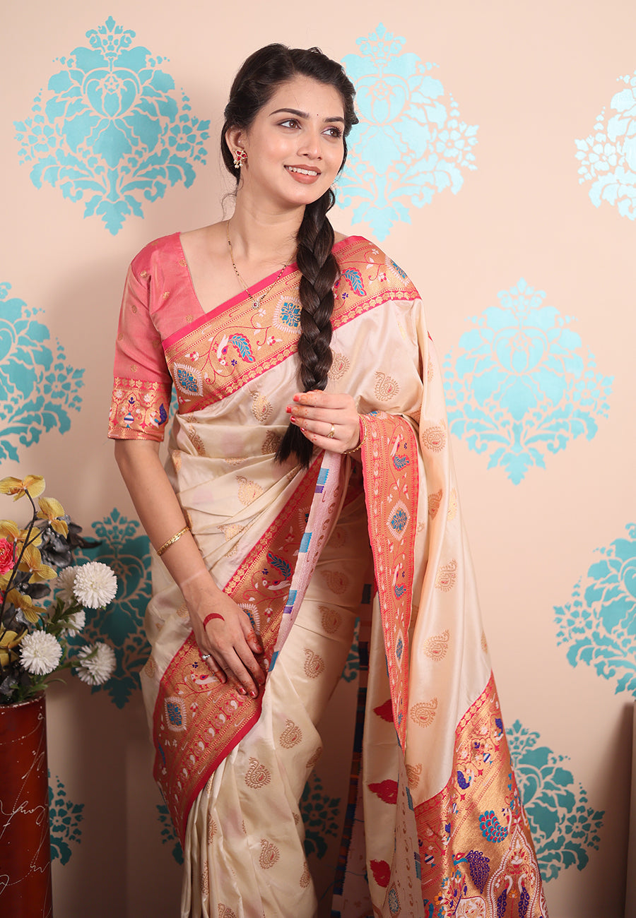 Cream Zari Woven Peacock Paithani Silk Saree