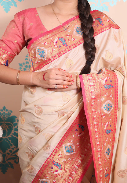 Cream Zari Woven Peacock Paithani Silk Saree Paithani Saree Anant Tex Exports Pvt.Ltd..