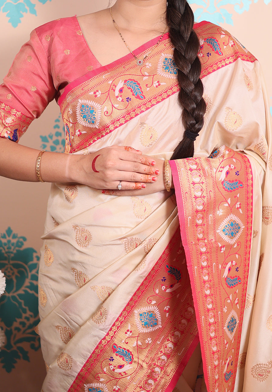 Cream Zari Woven Peacock Paithani Silk Saree