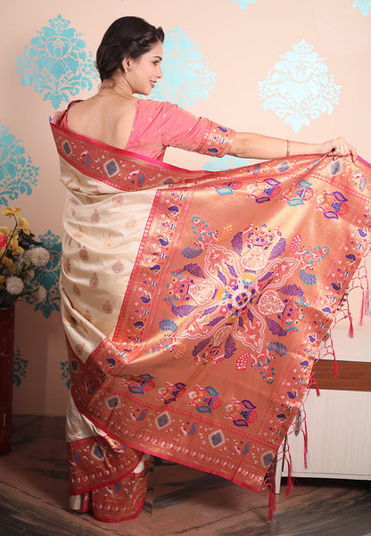 Cream Zari Woven Peacock Paithani Silk Saree Paithani Saree Anant Tex Exports Pvt.Ltd..