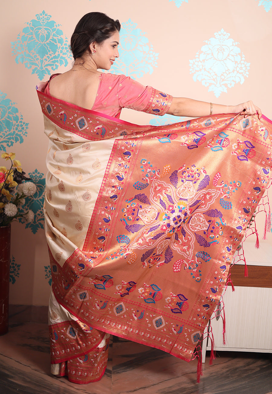 Cream Zari Woven Peacock Paithani Silk Saree