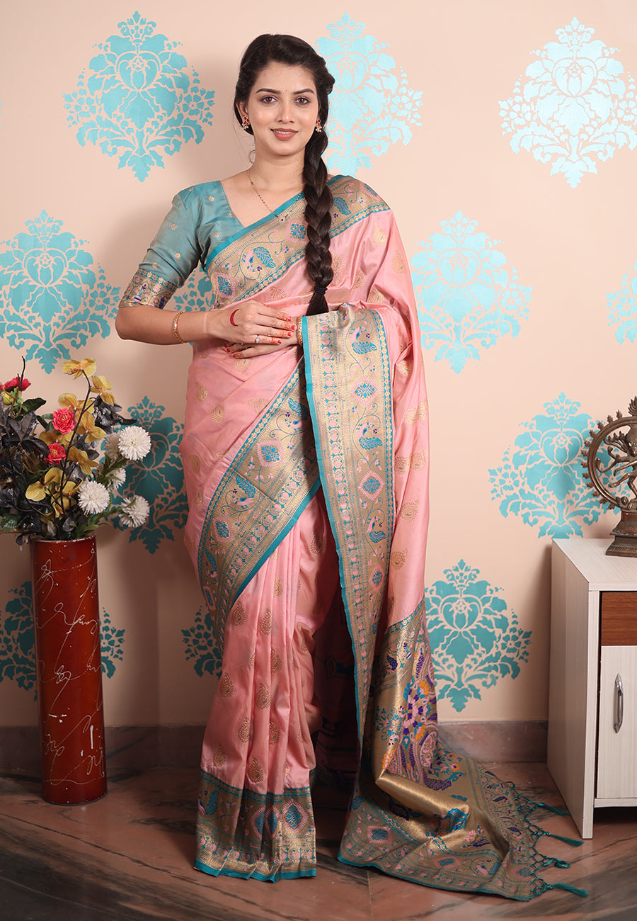 Baby Pink Zari Woven Peacock Paithani Silk Saree Paithani Saree Anant Tex Exports Pvt.Ltd..