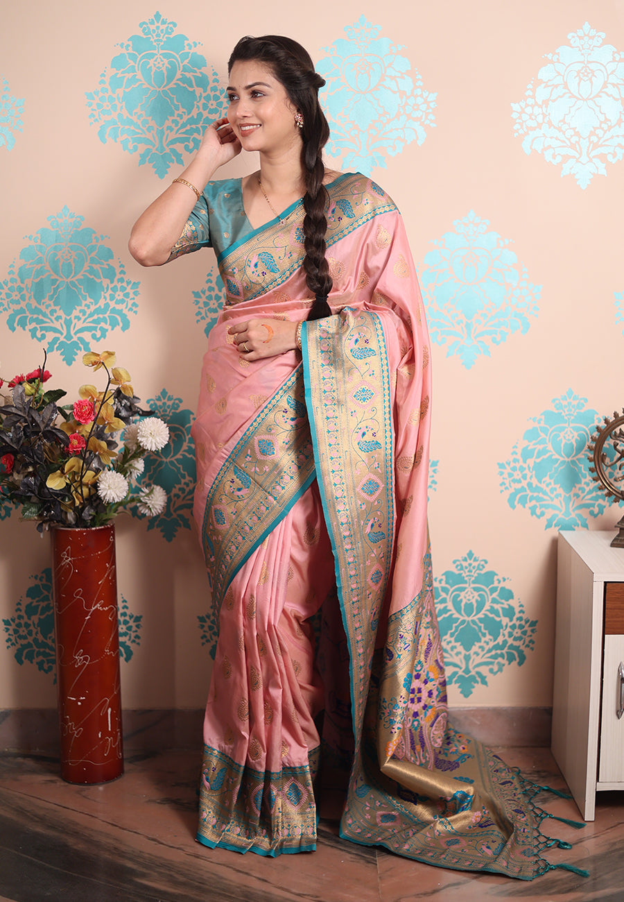 Baby Pink Zari Woven Peacock Paithani Silk Saree Paithani Saree Anant Tex Exports Pvt.Ltd..