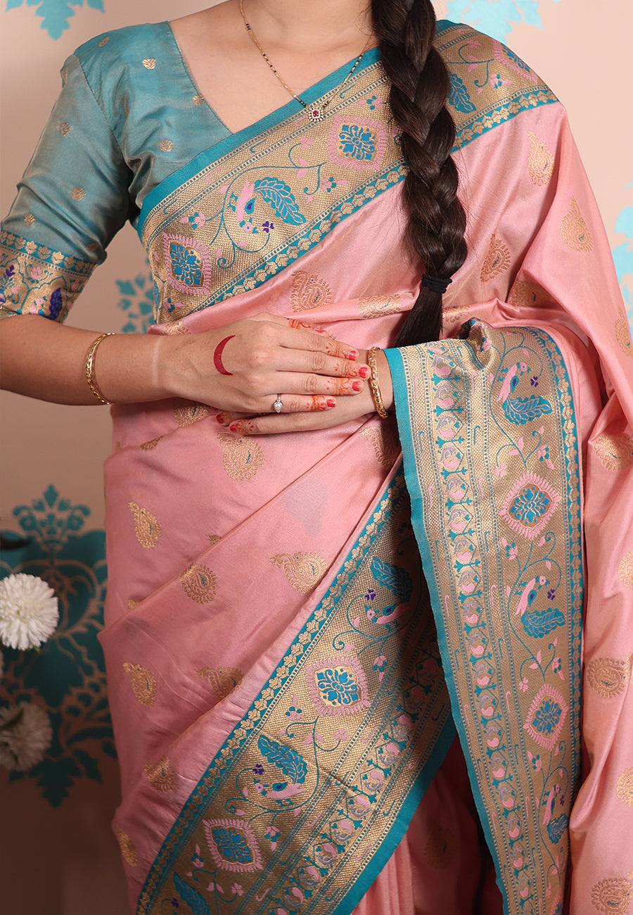Baby Pink Zari Woven Peacock Paithani Silk Saree Paithani Saree Anant Tex Exports Pvt.Ltd..