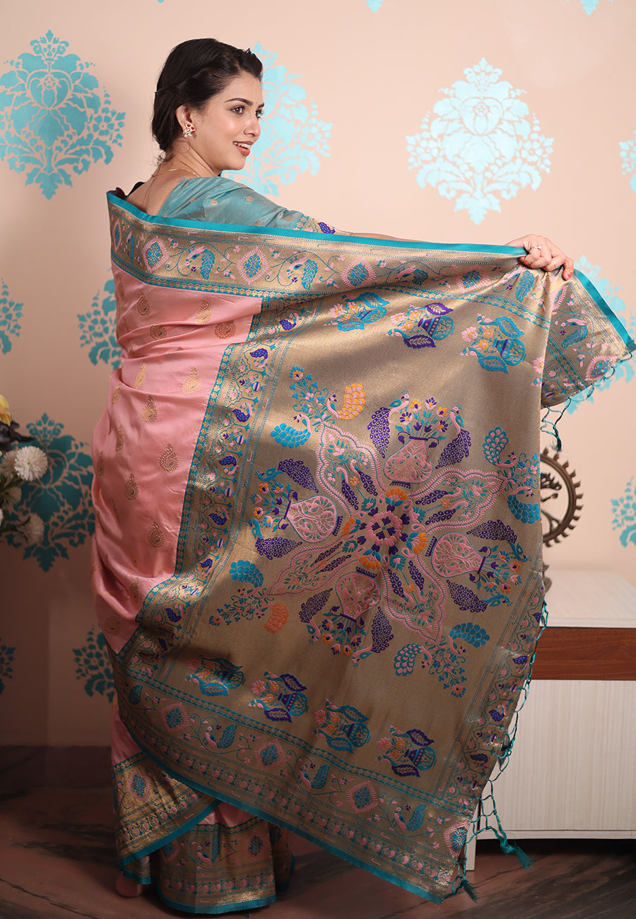 Baby Pink Zari Woven Peacock Paithani Silk Saree Paithani Saree Anant Tex Exports Pvt.Ltd..