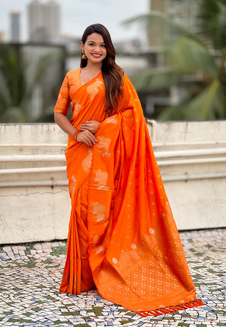Orange Pure Soft Silk Dual Zari with Nandi Border Saree 