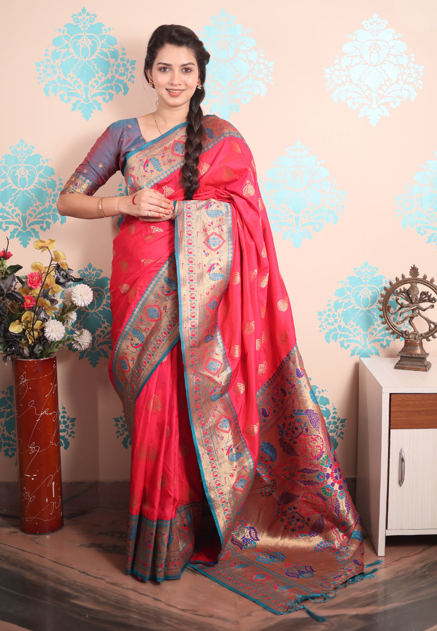 Pink Zari Woven Peacock Paithani Silk Saree
