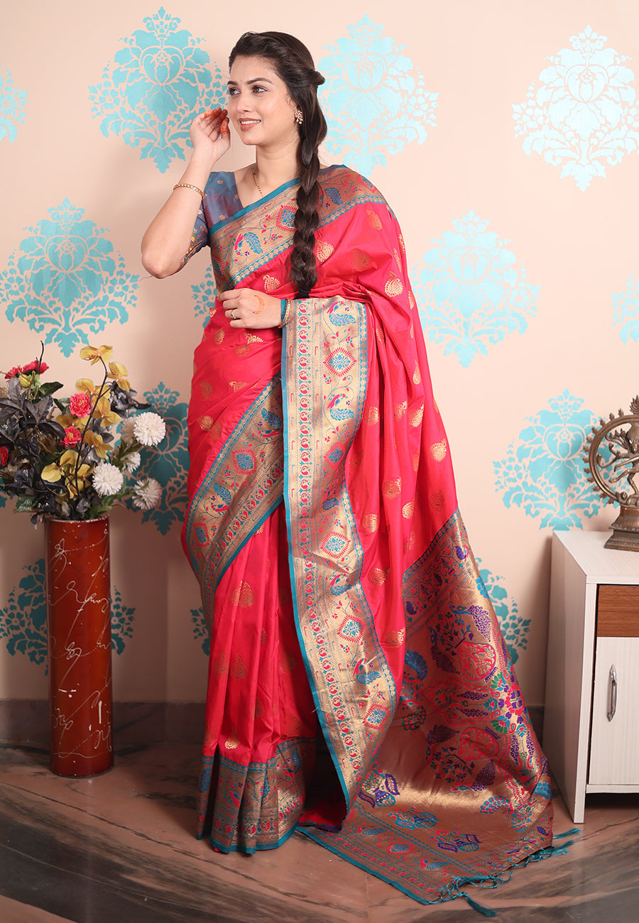 Pink Zari Woven Peacock Paithani Silk Saree