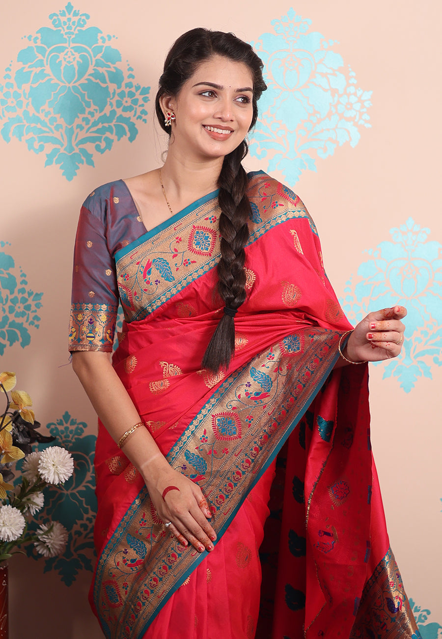 Pink Zari Woven Peacock Paithani Silk Saree