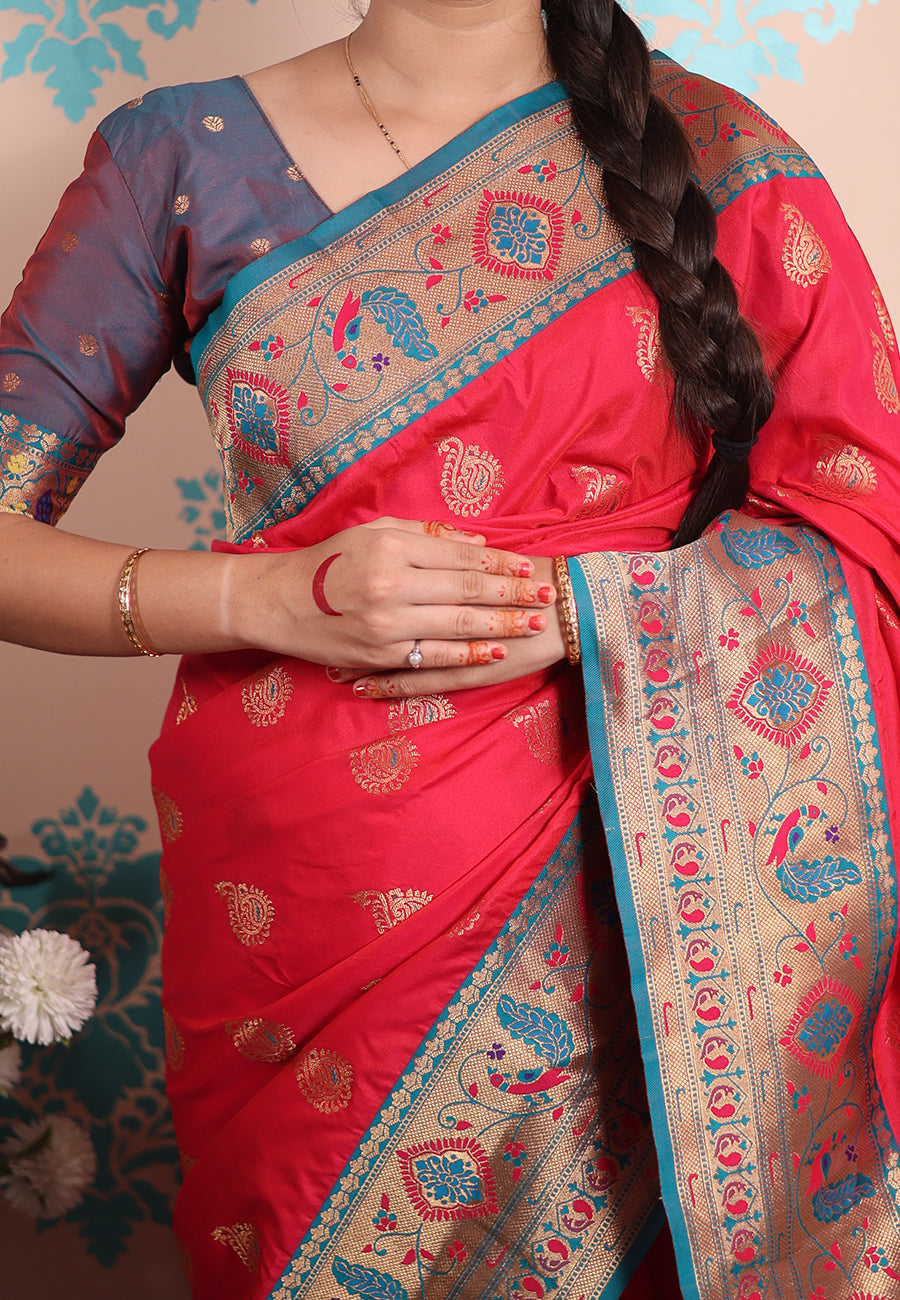 Pink Zari Woven Peacock Paithani Silk Saree