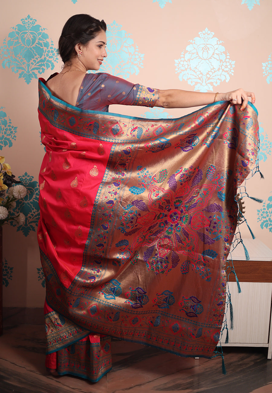 Pink Zari Woven Peacock Paithani Silk Saree
