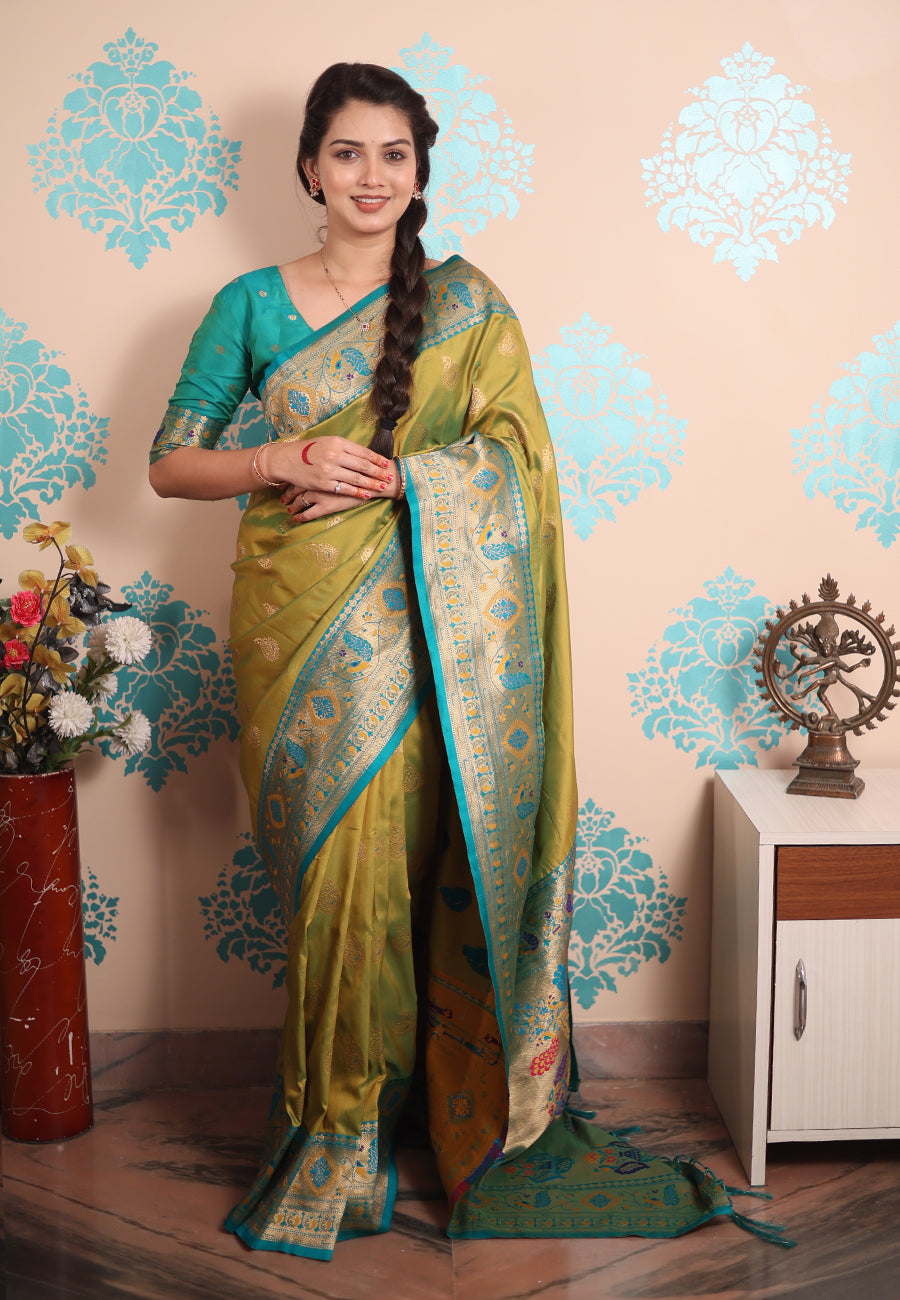 Mehendi Green Zari Woven Peacock Paithani Silk Saree Paithani Saree Anant Tex Exports Pvt.Ltd..