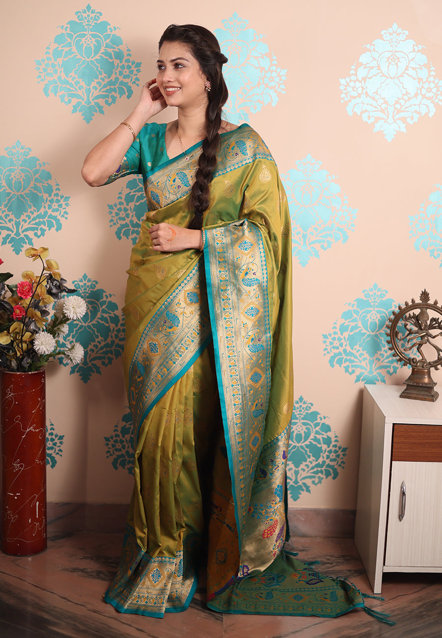 Mehendi Green Zari Woven Peacock Paithani Silk Saree