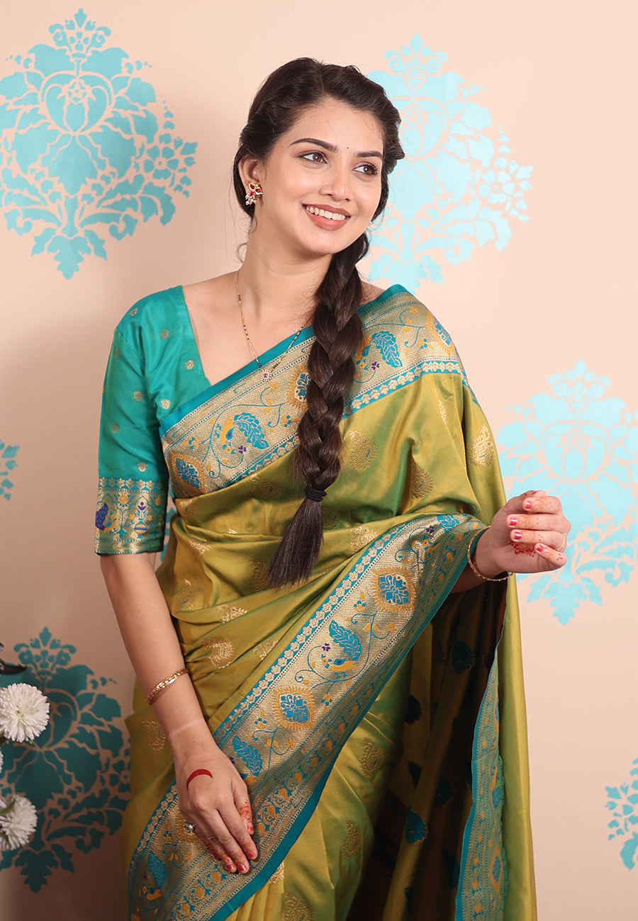 Mehendi Green Zari Woven Peacock Paithani Silk Saree Paithani Saree Anant Tex Exports Pvt.Ltd..
