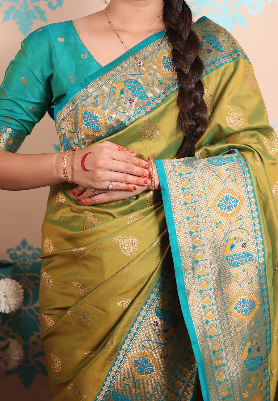 Mehendi Green Zari Woven Peacock Paithani Silk Saree Paithani Saree Anant Tex Exports Pvt.Ltd..