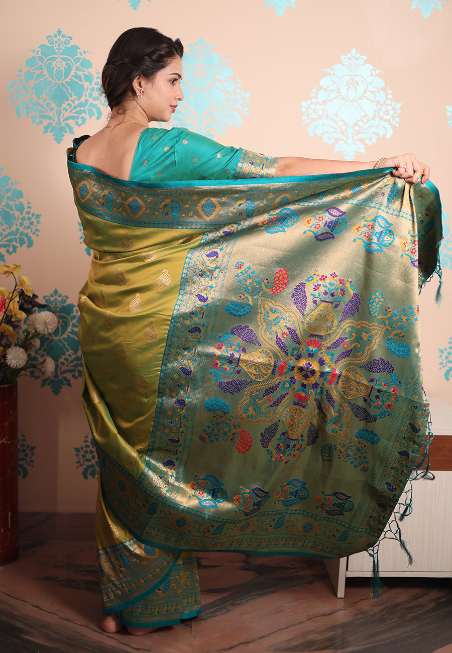 Mehendi Green Zari Woven Peacock Paithani Silk Saree Paithani Saree Anant Tex Exports Pvt.Ltd..