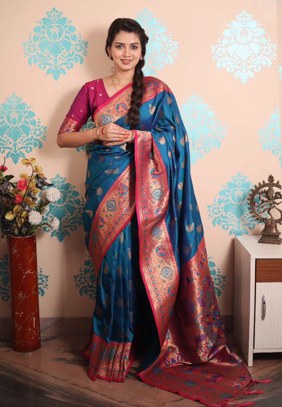 Rama Blue Zari Woven Peacock Paithani Silk Saree Paithani Saree Anant Tex Exports Pvt.Ltd..