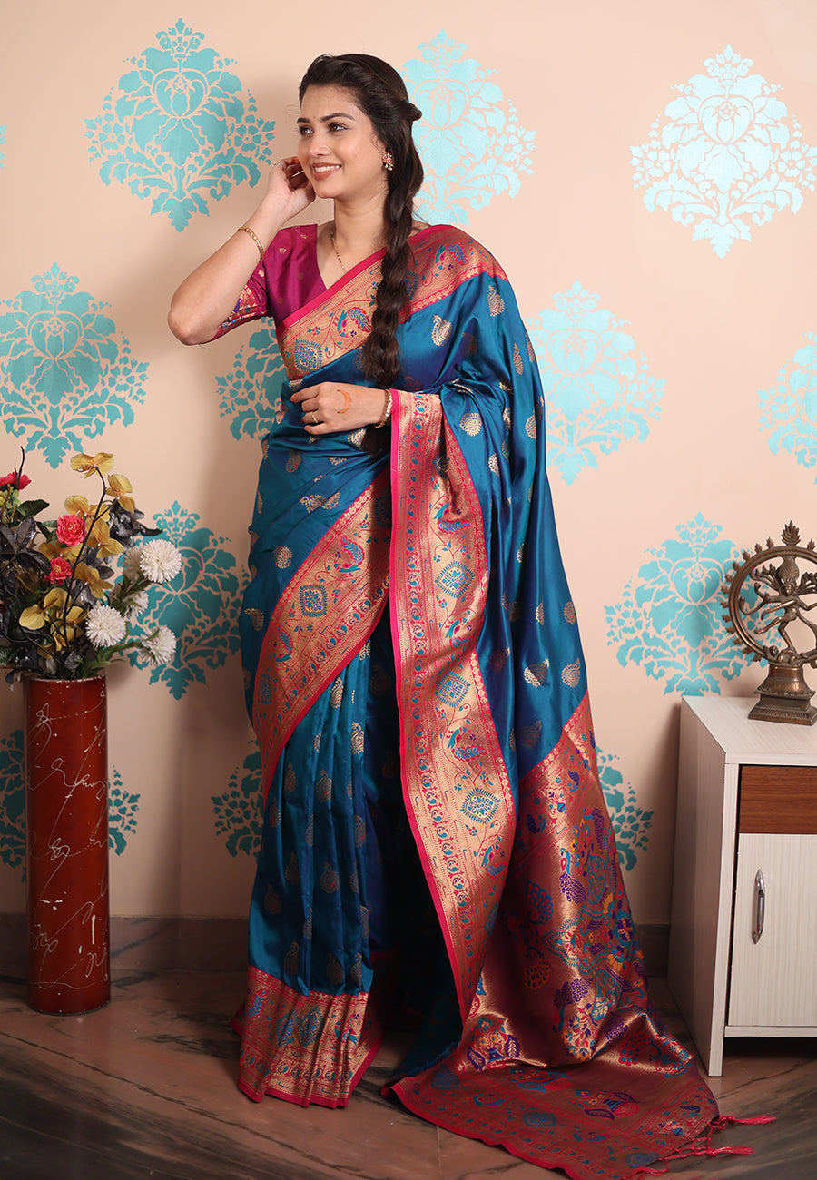 Rama Blue Zari Woven Peacock Paithani Silk Saree