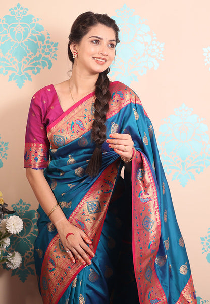 Rama Blue Zari Woven Peacock Paithani Silk Saree Paithani Saree Anant Tex Exports Pvt.Ltd..