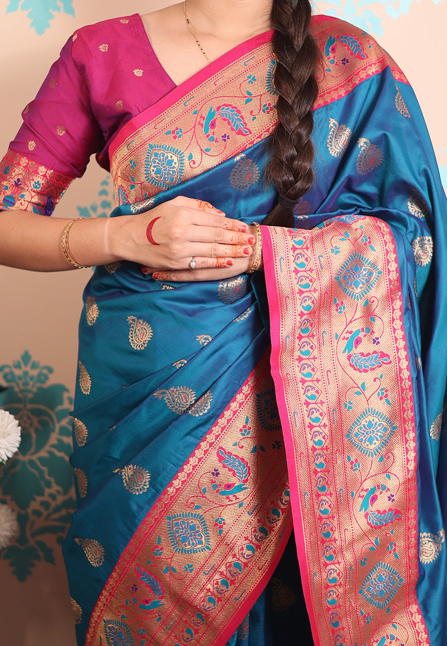 Rama Blue Zari Woven Peacock Paithani Silk Saree