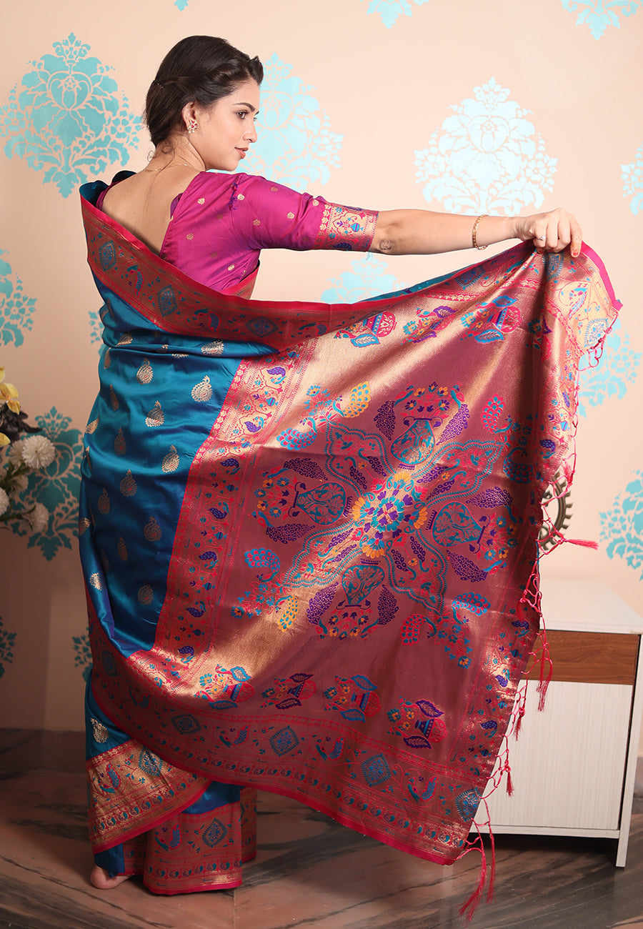 Rama Blue Zari Woven Peacock Paithani Silk Saree