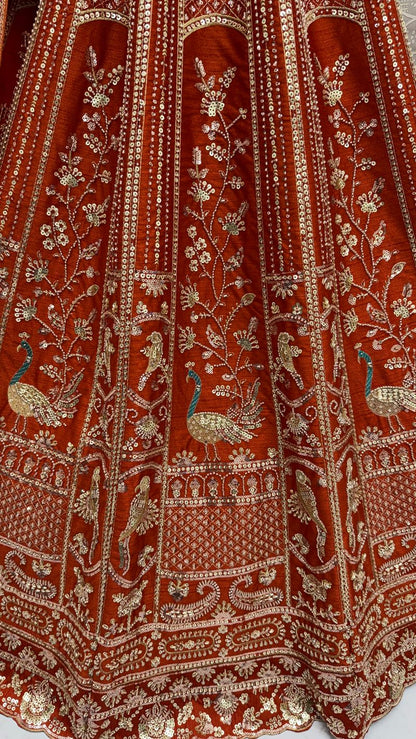 Orange Pure Soft Silk Heavy Embroidery Work Bridal Lehenga 