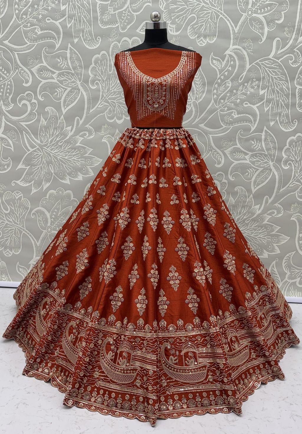 Orange Pure Soft Heavy Silk Sequins Embroidery Work Bridal Lehenga 