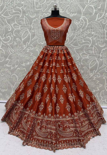 Orange Pure Soft Heavy Silk Sequins Embroidery Work Bridal Lehenga 