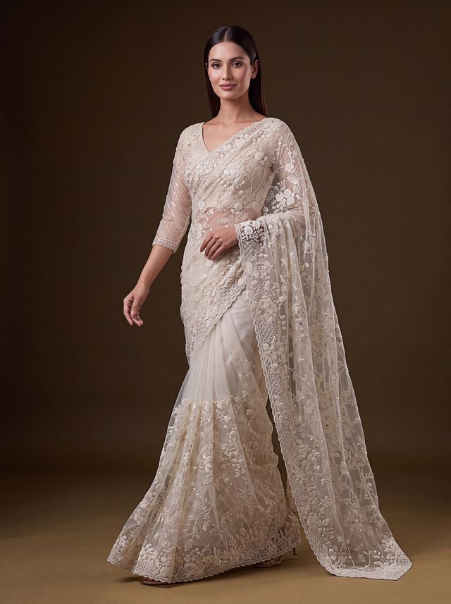 White Pure Premium Net Handwork Kasti &amp; Motif Zari Metallic Sequins Work Wedding Saree