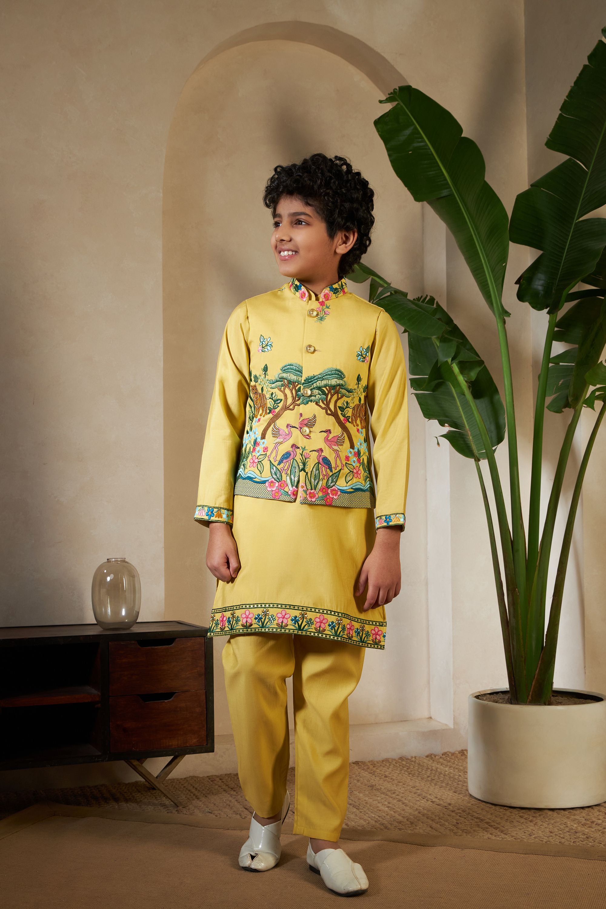 Yellow Pure Viscose Silk Silk Kids Boy Kurta Pajama With Koti Jacket 