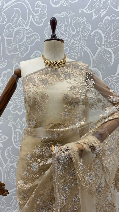 Gold Pure Premium Net Handwork Kasti &amp; Motif Zari Metallic Sequins Work Wedding Saree