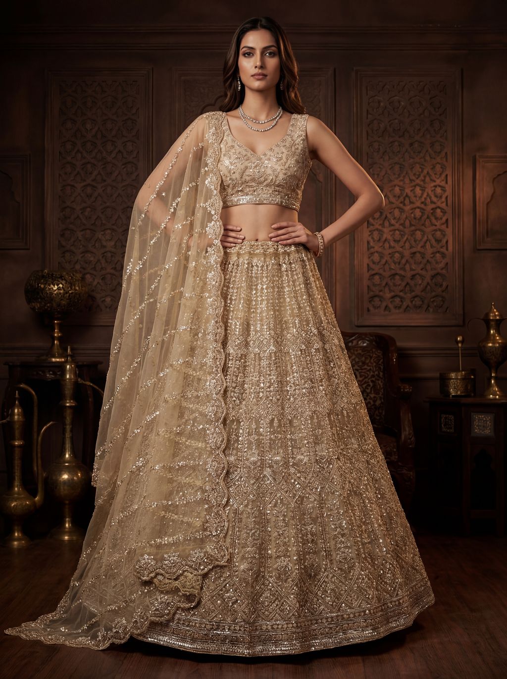 Golden Pure Soft Net Heavy Embroidery Work Bridal Lehenga ##color## Bridal Lehenga with premium fabric and embroidery