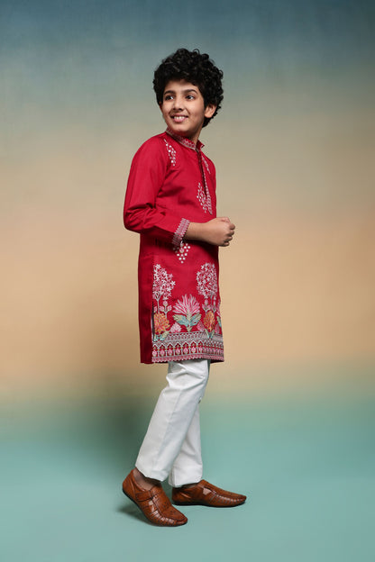 Red Pure Viscose Silk Kids Boy Kurta Pajama 