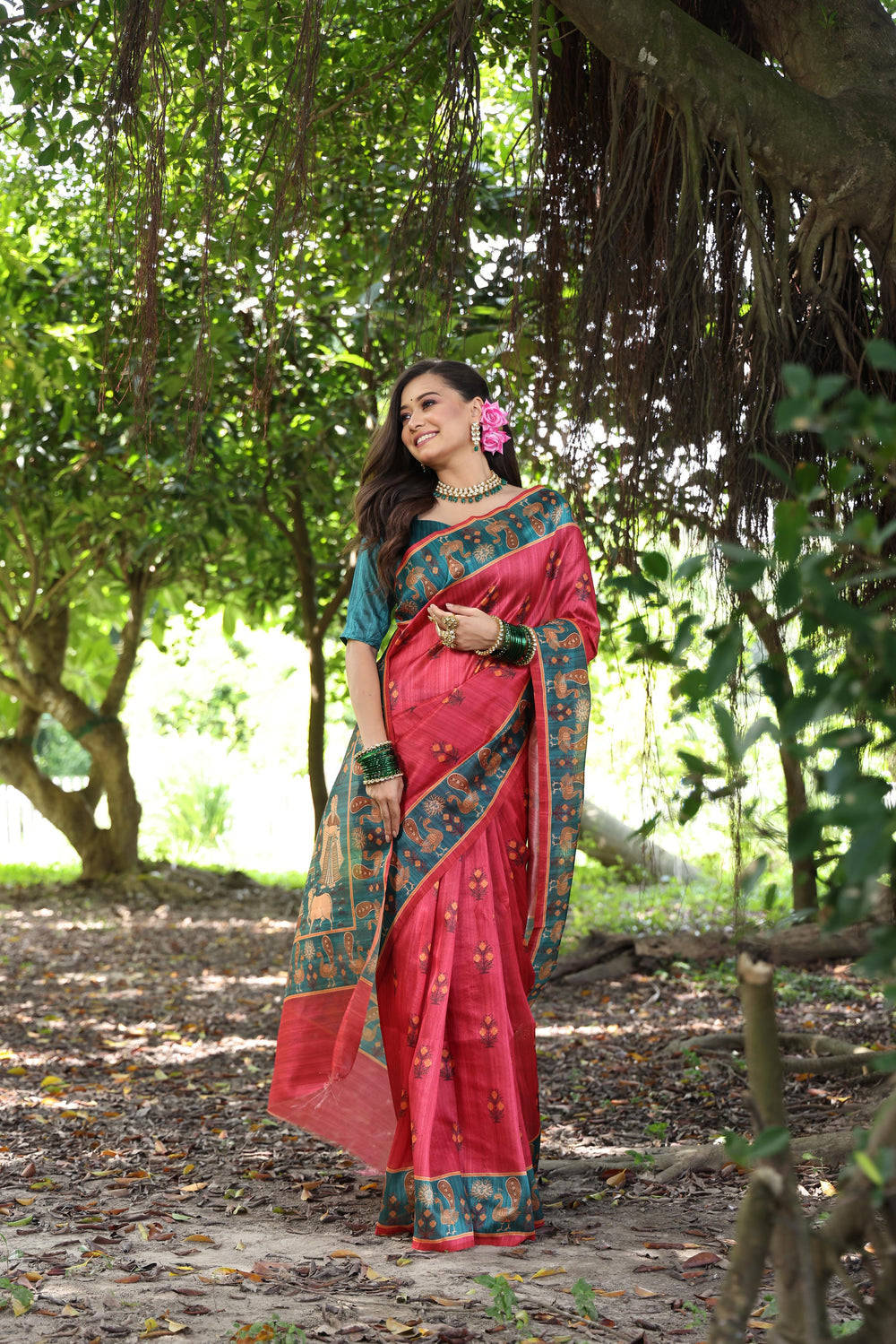 Red Pure Soft Tussar Silk with Kalamkari Printed Tussar Saree