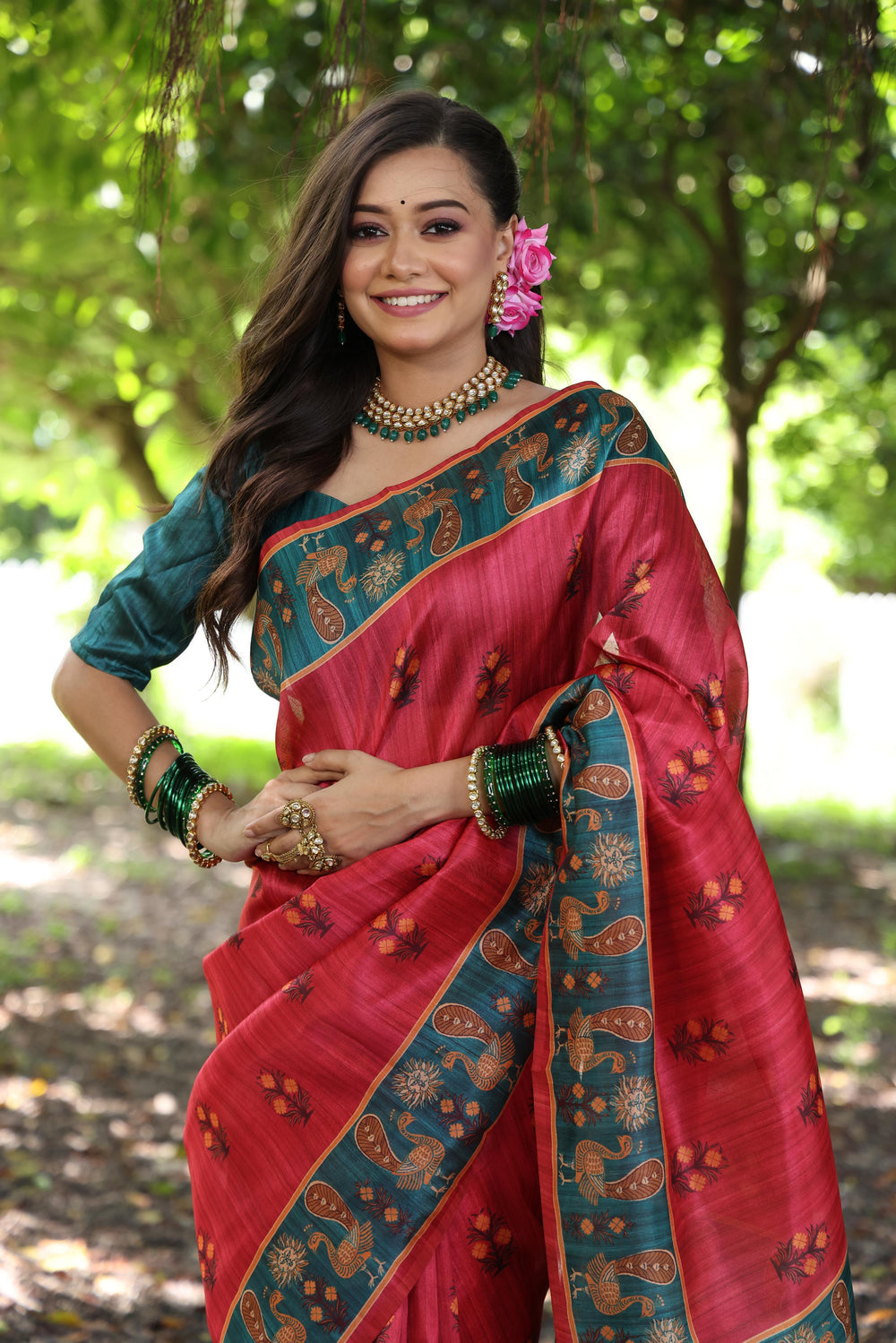 Red Pure Soft Tussar Silk with Kalamkari Printed Tussar Saree Tussar Saree Anant Tex Exports Pvt.Ltd..