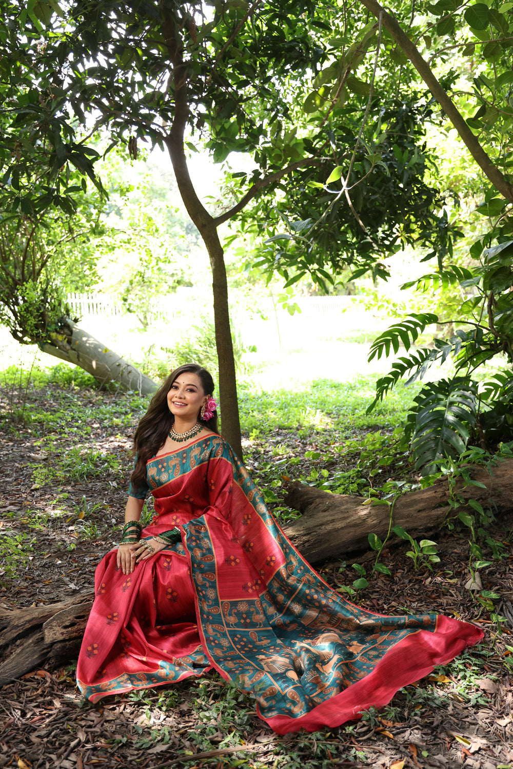 Red Pure Soft Tussar Silk with Kalamkari Printed Tussar Saree Tussar Saree Anant Tex Exports Pvt.Ltd..