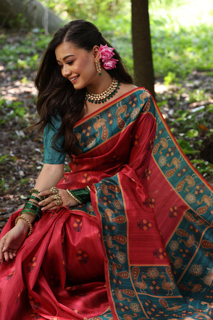 Red Pure Soft Tussar Silk with Kalamkari Printed Tussar Saree Tussar Saree Anant Tex Exports Pvt.Ltd..