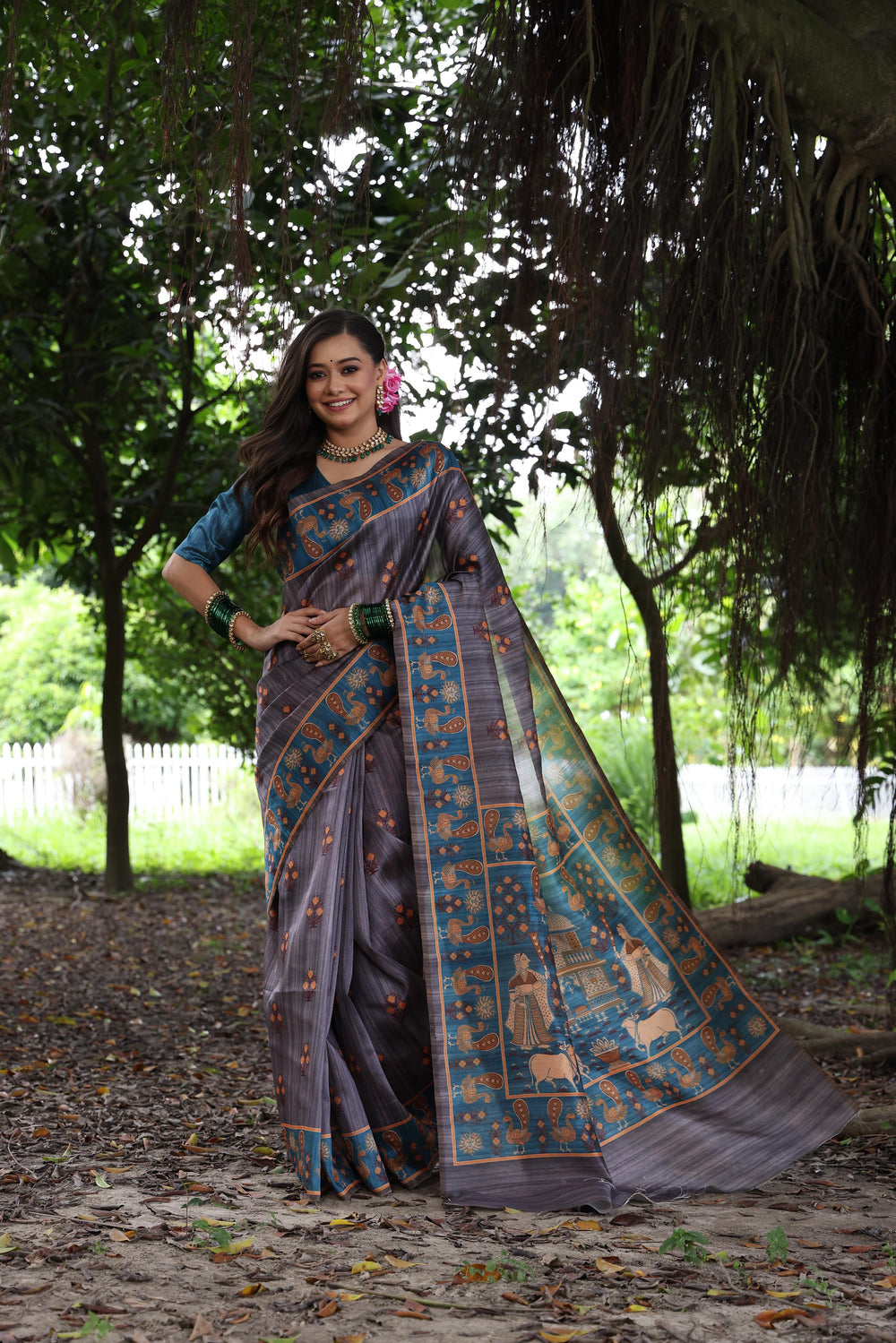 Grey Pure Soft Tussar Silk with Kalamkari Printed Tussar Saree