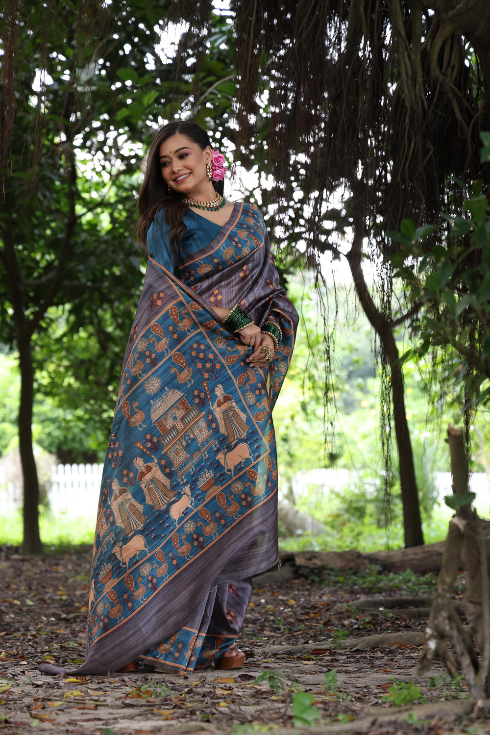Grey Pure Soft Tussar Silk with Kalamkari Printed Tussar Saree