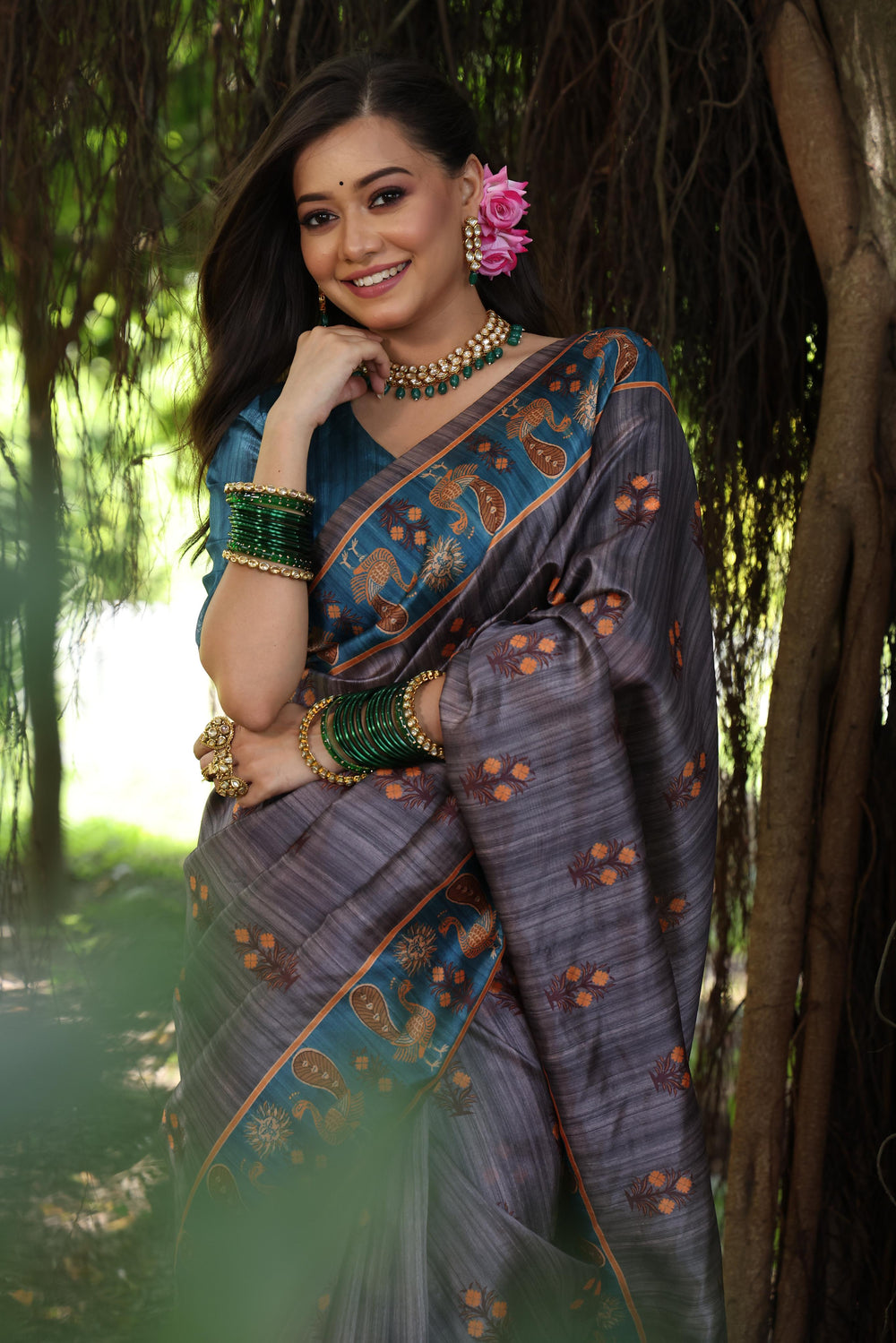 Grey Pure Soft Tussar Silk with Kalamkari Printed Tussar Saree Tussar Saree Anant Tex Exports Pvt.Ltd..
