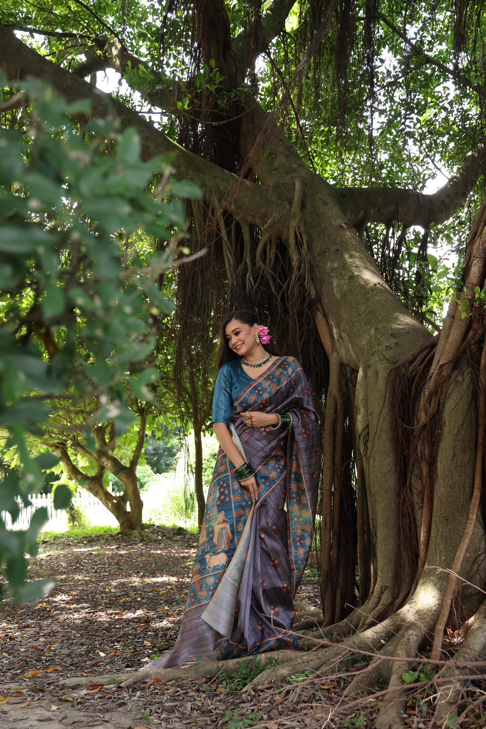 Grey Pure Soft Tussar Silk with Kalamkari Printed Tussar Saree Tussar Saree Anant Tex Exports Pvt.Ltd..