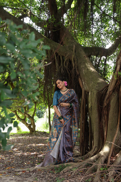 Grey Pure Soft Tussar Silk with Kalamkari Printed Tussar Saree Tussar Saree Anant Tex Exports Pvt.Ltd..