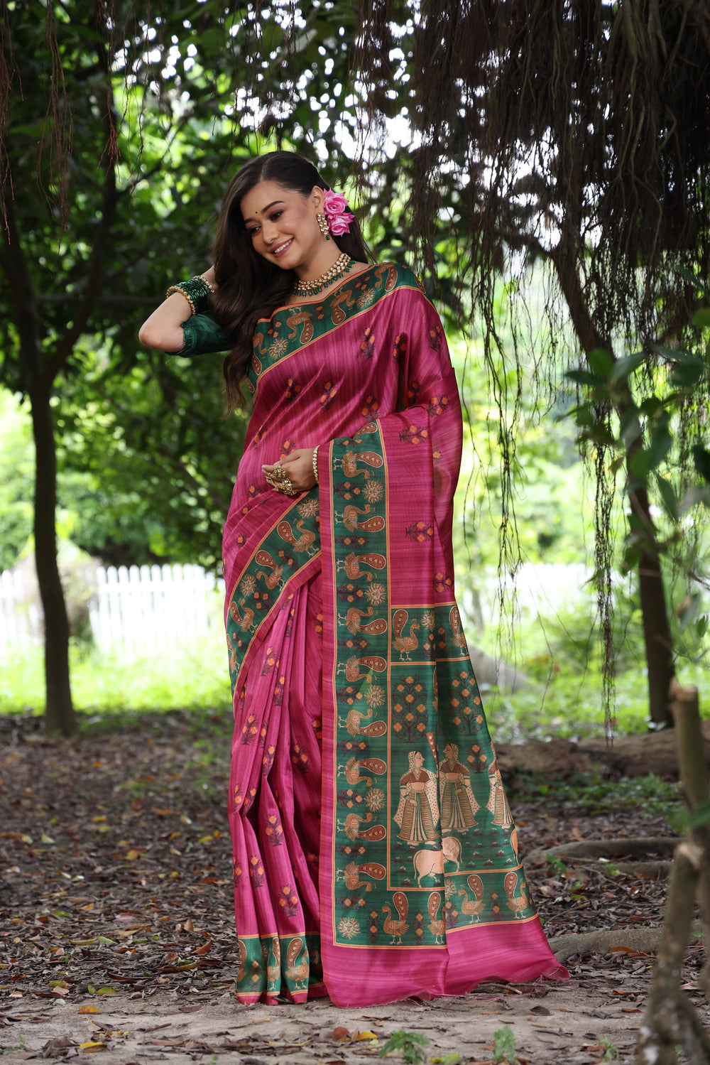 Pink Pure Soft Tussar Silk with Kalamkari Printed Tussar Saree Tussar Saree Anant Tex Exports Pvt.Ltd..