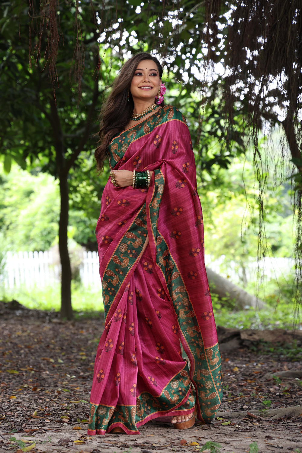 Pink Pure Soft Tussar Silk with Kalamkari Printed Tussar Saree Tussar Saree Anant Tex Exports Pvt.Ltd..
