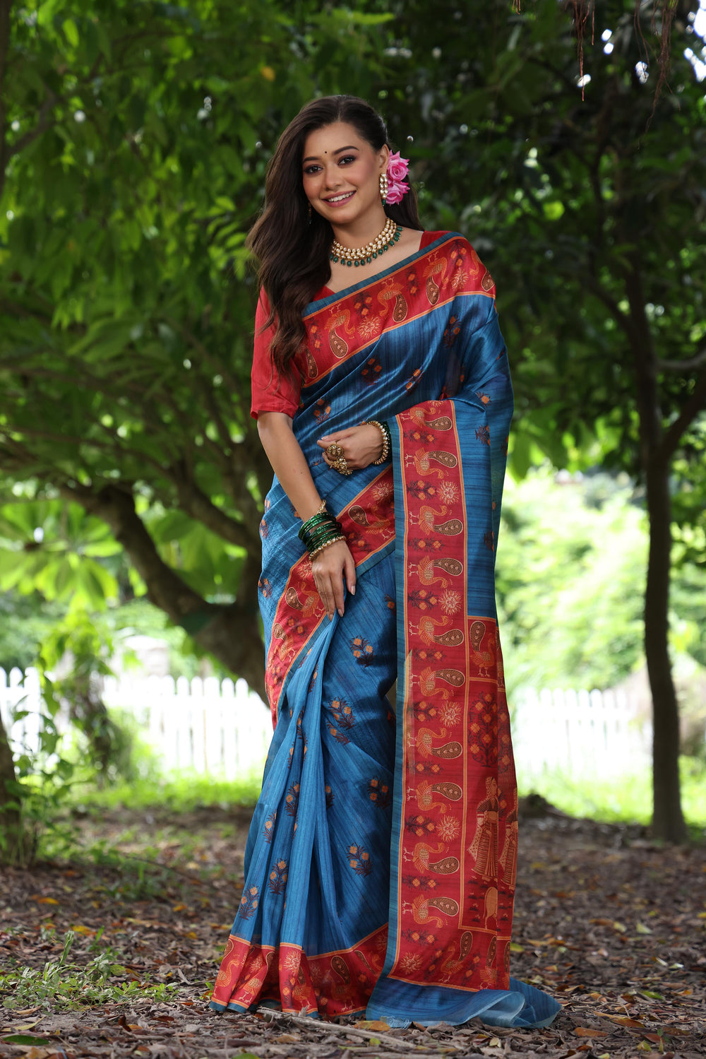 Blue Pure Soft Tussar Silk with Kalamkari Printed Tussar Saree Tussar Saree Anant Tex Exports Pvt.Ltd..