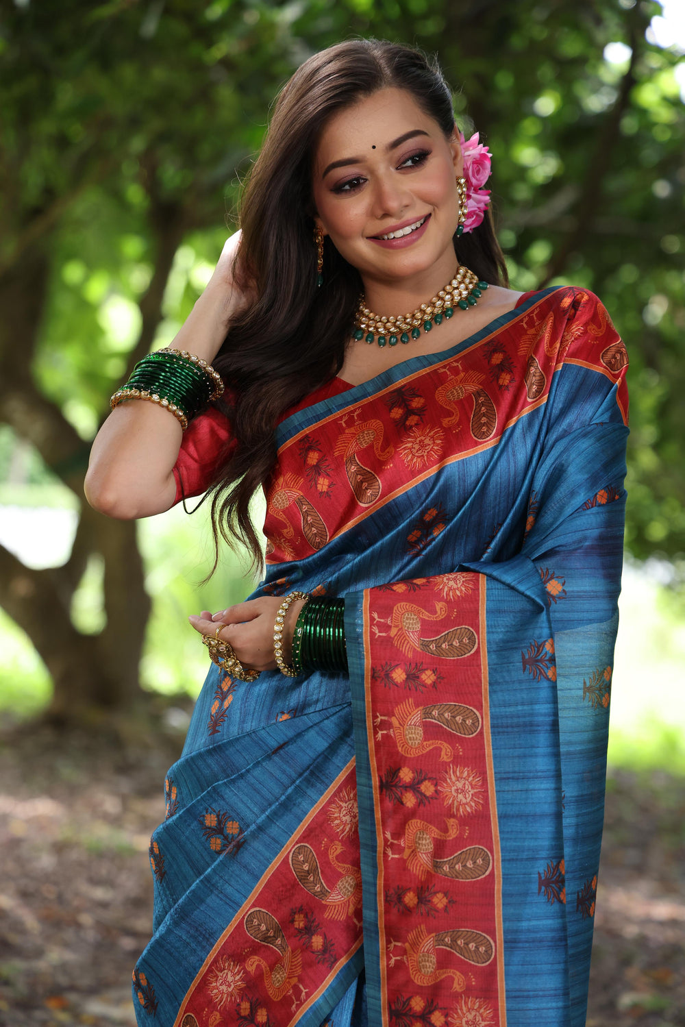 Blue Pure Soft Tussar Silk with Kalamkari Printed Tussar Saree Tussar Saree Anant Tex Exports Pvt.Ltd..
