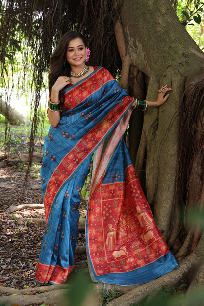 Blue Pure Soft Tussar Silk with Kalamkari Printed Tussar Saree Tussar Saree Anant Tex Exports Pvt.Ltd..