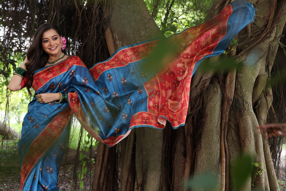Blue Pure Soft Tussar Silk with Kalamkari Printed Tussar Saree Tussar Saree Anant Tex Exports Pvt.Ltd..